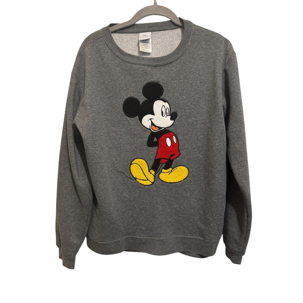 Disney Mickey Mouse Sweatshirt Women Medium Gray Chenille Patch Soft Pullover
